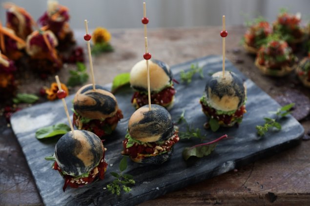Pumpkin chickpea canape slider with satay beetroot relish