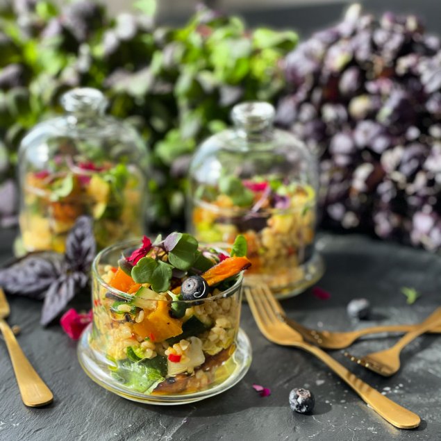Chargrilled pumpkin & broccoli bulghur wheat salad with soft sweet eggplant, chilli, mint & preserved lemon balm 