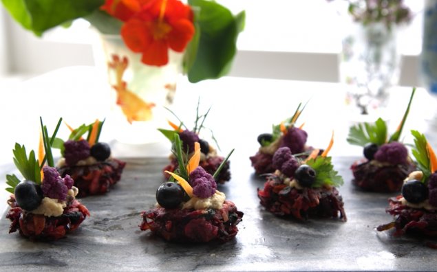 Superfood canape fritters parsnip shards spiced carrot